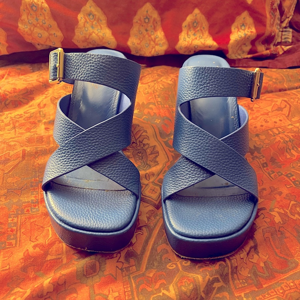 Charlotte Stone Navy Blue Platform Sandal with Gold Buckle - Picture 3 of 8